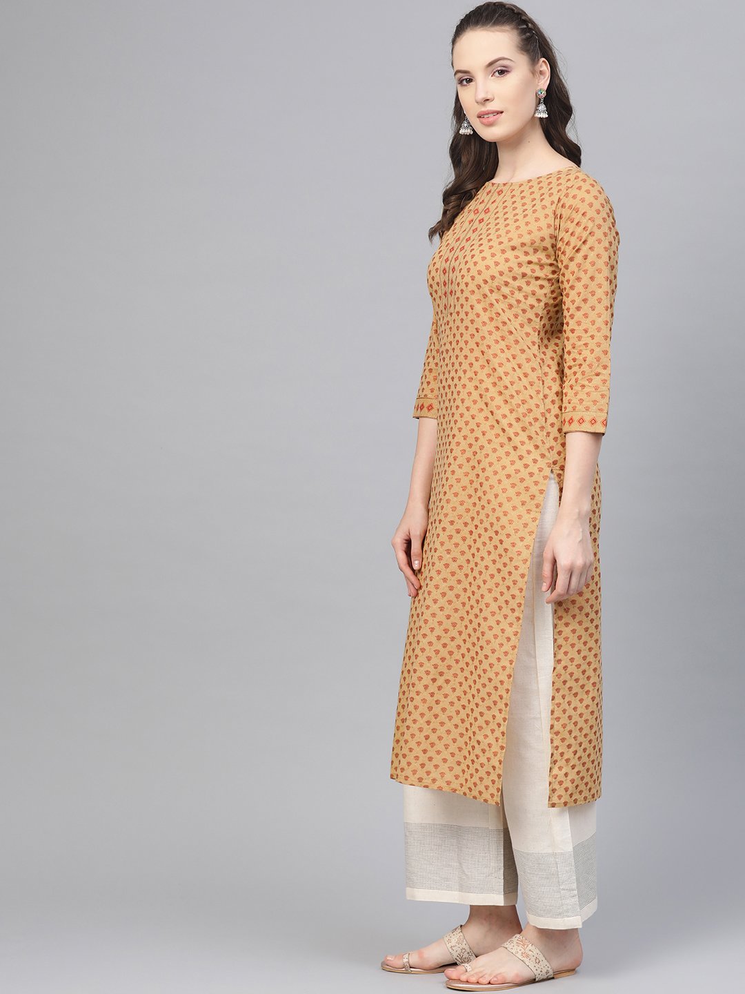 Beige Printed Straight Kurta with round neck with 3/4 sleeves | NOZ2TOZ - Made In INDIA.