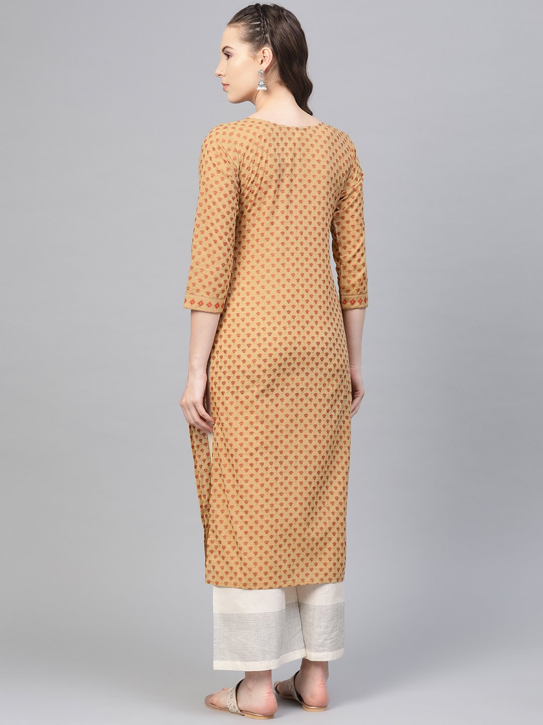 Beige Printed Straight Kurta with round neck with 3/4 sleeves | NOZ2TOZ - Made In INDIA.