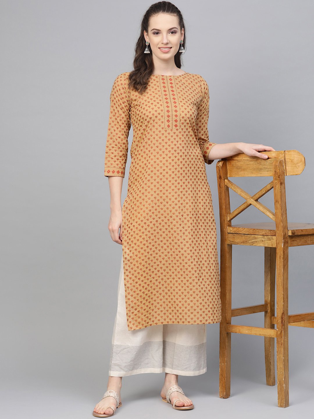 Beige Printed Straight Kurta with round neck with 3/4 sleeves | NOZ2TOZ - Made In INDIA.