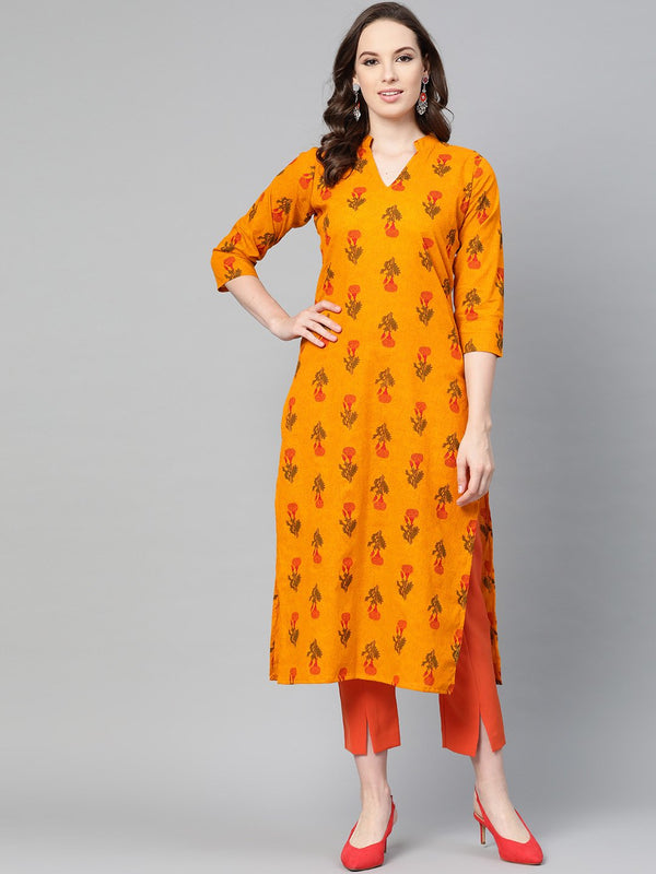 Mustard Printed Straight kurta with mandarin collar & 3/4 sleeves | NOZ2TOZ - Made In INDIA.