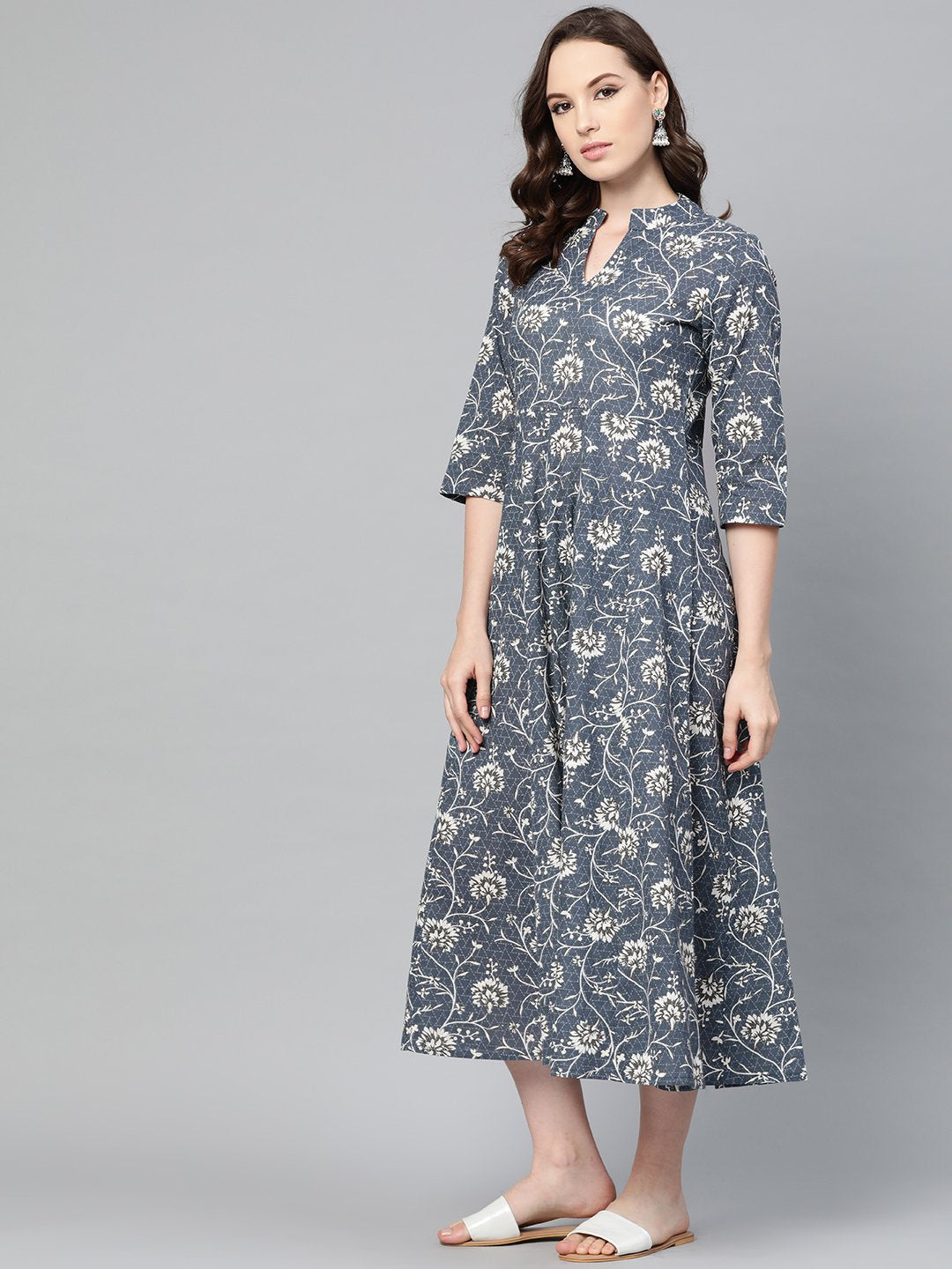 Grey & Off-white Floral Printed Maxi dress with Madarin Collar & 3/4 sleeves | NOZ2TOZ - Made In INDIA.