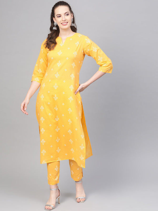 Yellow Checks & Floral multi printed kurta set with pants | NOZ2TOZ - Made In INDIA.