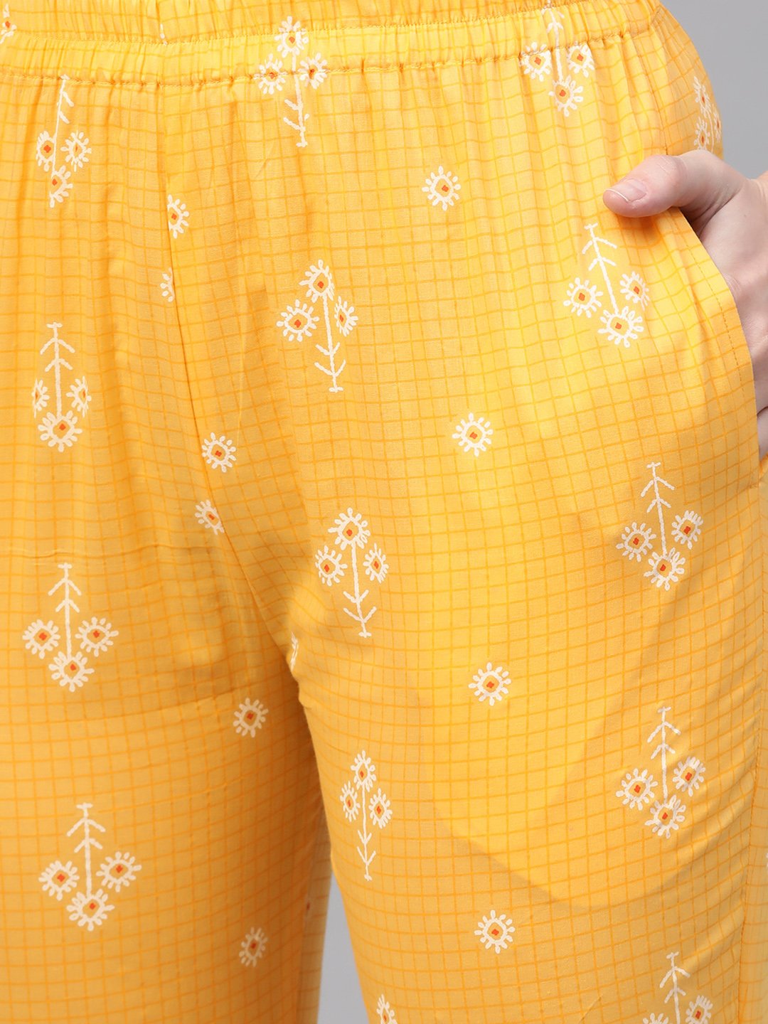 Yellow Checks & Floral multi printed kurta set with pants | NOZ2TOZ - Made In INDIA.