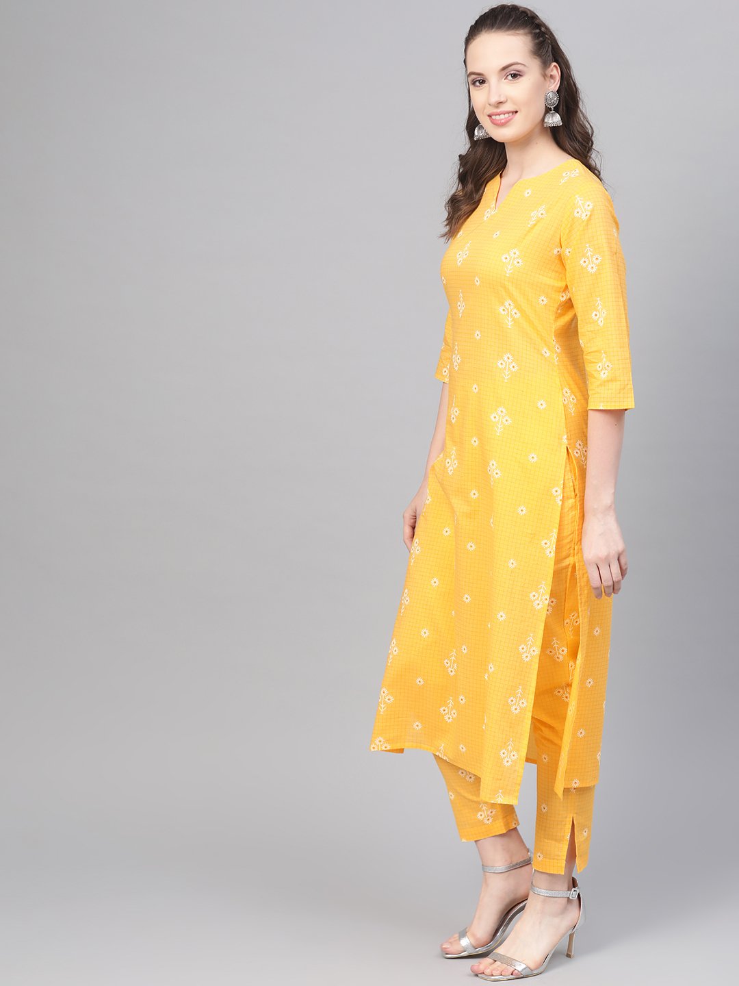 Yellow Checks & Floral multi printed kurta set with pants | NOZ2TOZ - Made In INDIA.