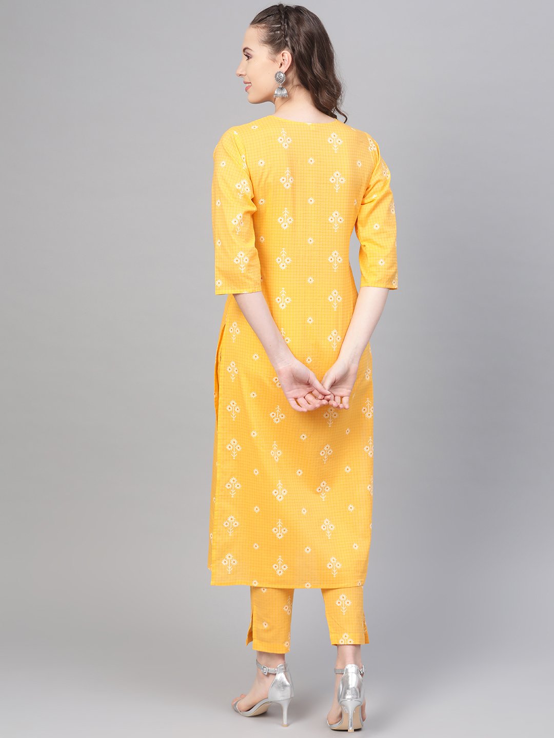 Yellow Checks & Floral multi printed kurta set with pants | NOZ2TOZ - Made In INDIA.