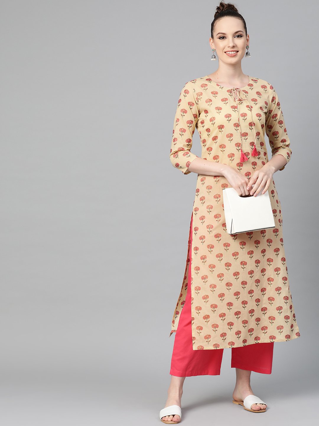 Cream with multi floral printed kurta with keyhole neckline | NOZ2TOZ - Made In INDIA.