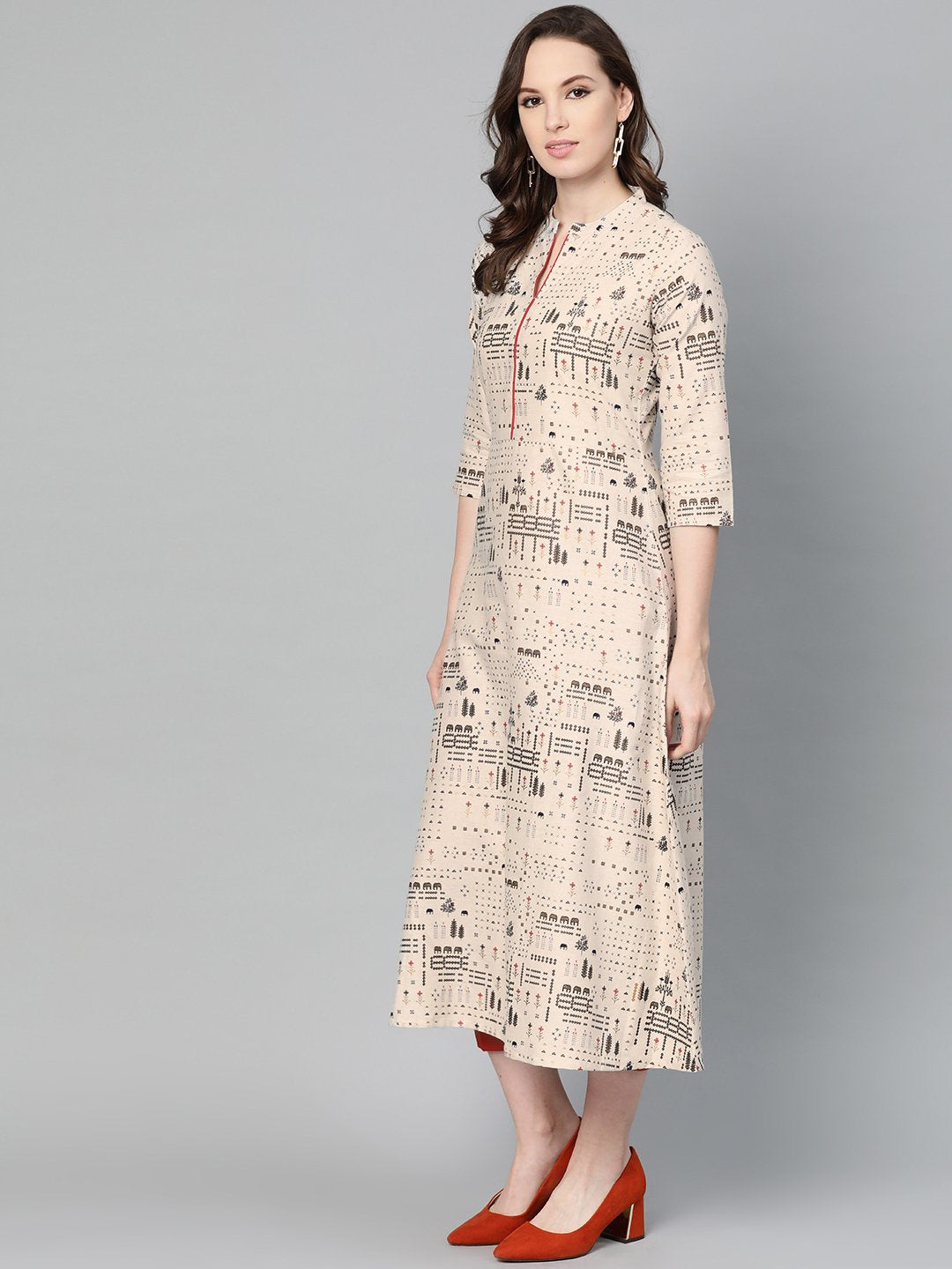 Beige and black printed A-line cotton Kurta | NOZ2TOZ - Made In INDIA.