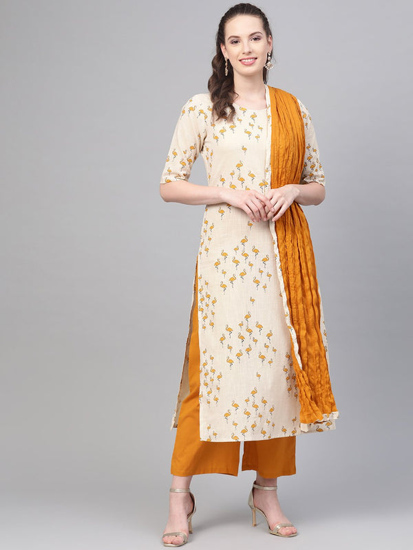 Mustard & off white Printed kurta Set with Palazzo & dupatta | NOZ2TOZ - Made In INDIA.