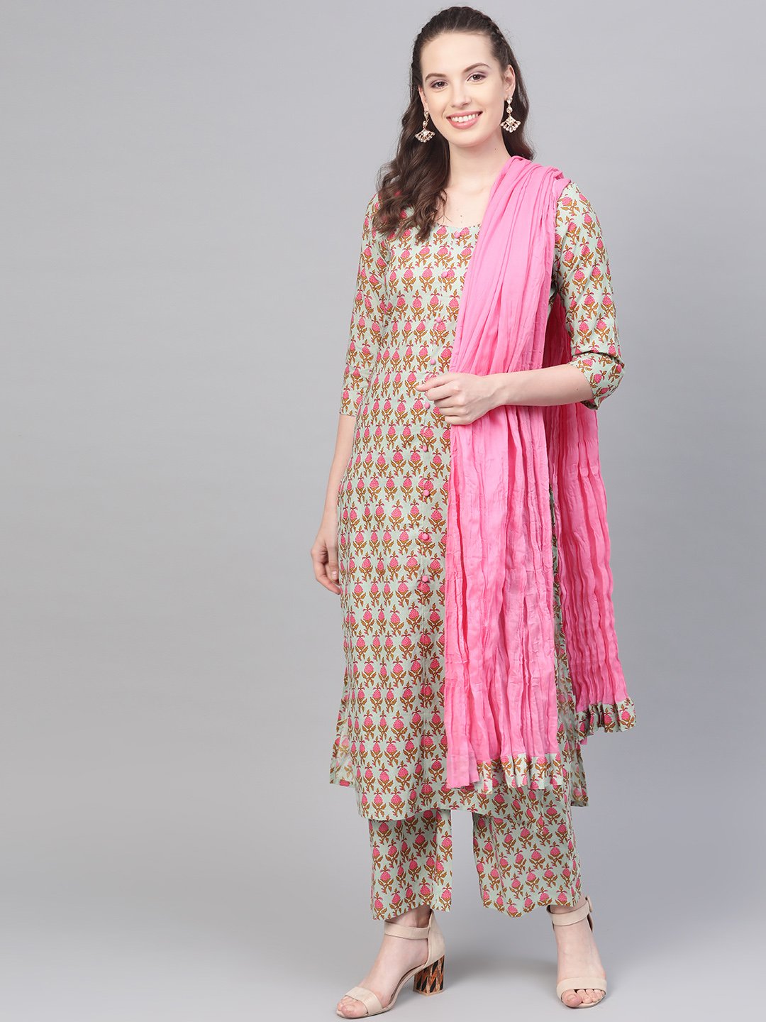 Green & Pink Printed Kurta set with Palazzo & dupatta | NOZ2TOZ - Made In INDIA.