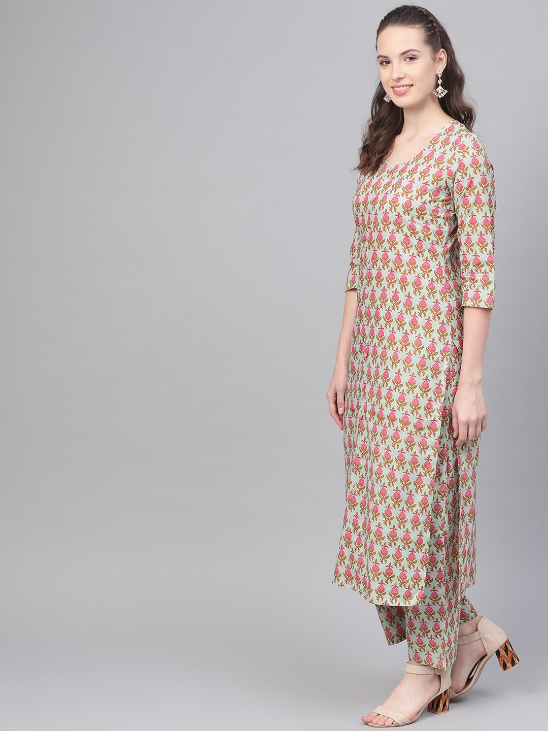 Green & Pink Printed Kurta set with Palazzo & dupatta | NOZ2TOZ - Made In INDIA.