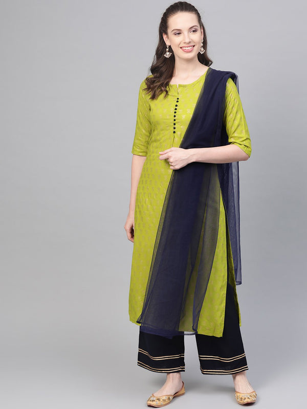 Green gold Printed Straight Kurta set with Navy Blue Palazzo & Net dupatta | NOZ2TOZ - Made In INDIA.