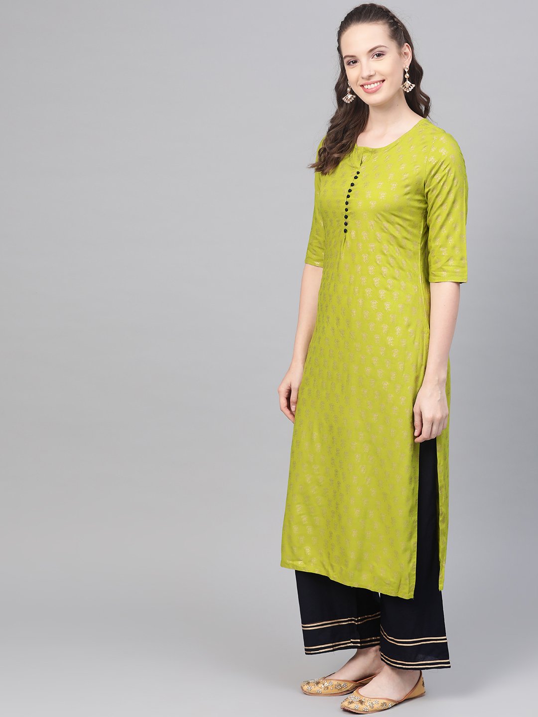 Green gold Printed Straight Kurta set with Navy Blue Palazzo & Net dupatta | NOZ2TOZ - Made In INDIA.