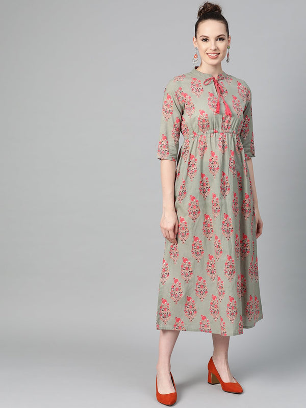 Sage Green Printed Maxi Dress with Mandaroin Collar & 3/4 sleeves | NOZ2TOZ - Made In INDIA.