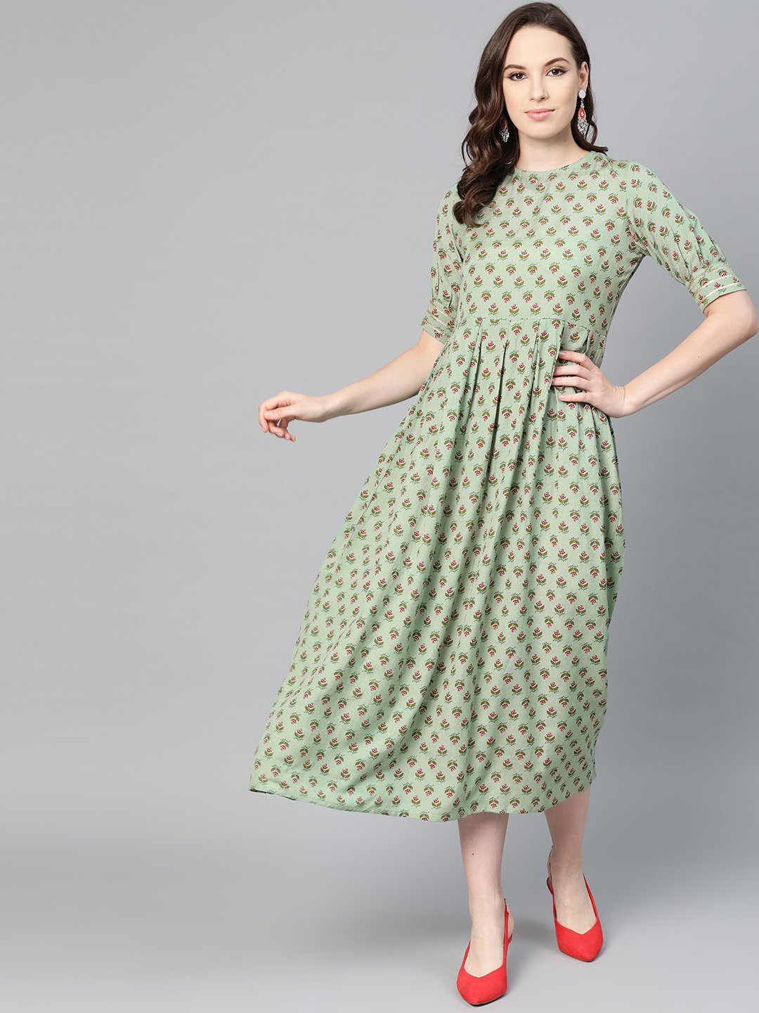 Green Floral printed Maxi dress with Round Neck & gota detailing on sleeves | NOZ2TOZ - Made In INDIA.