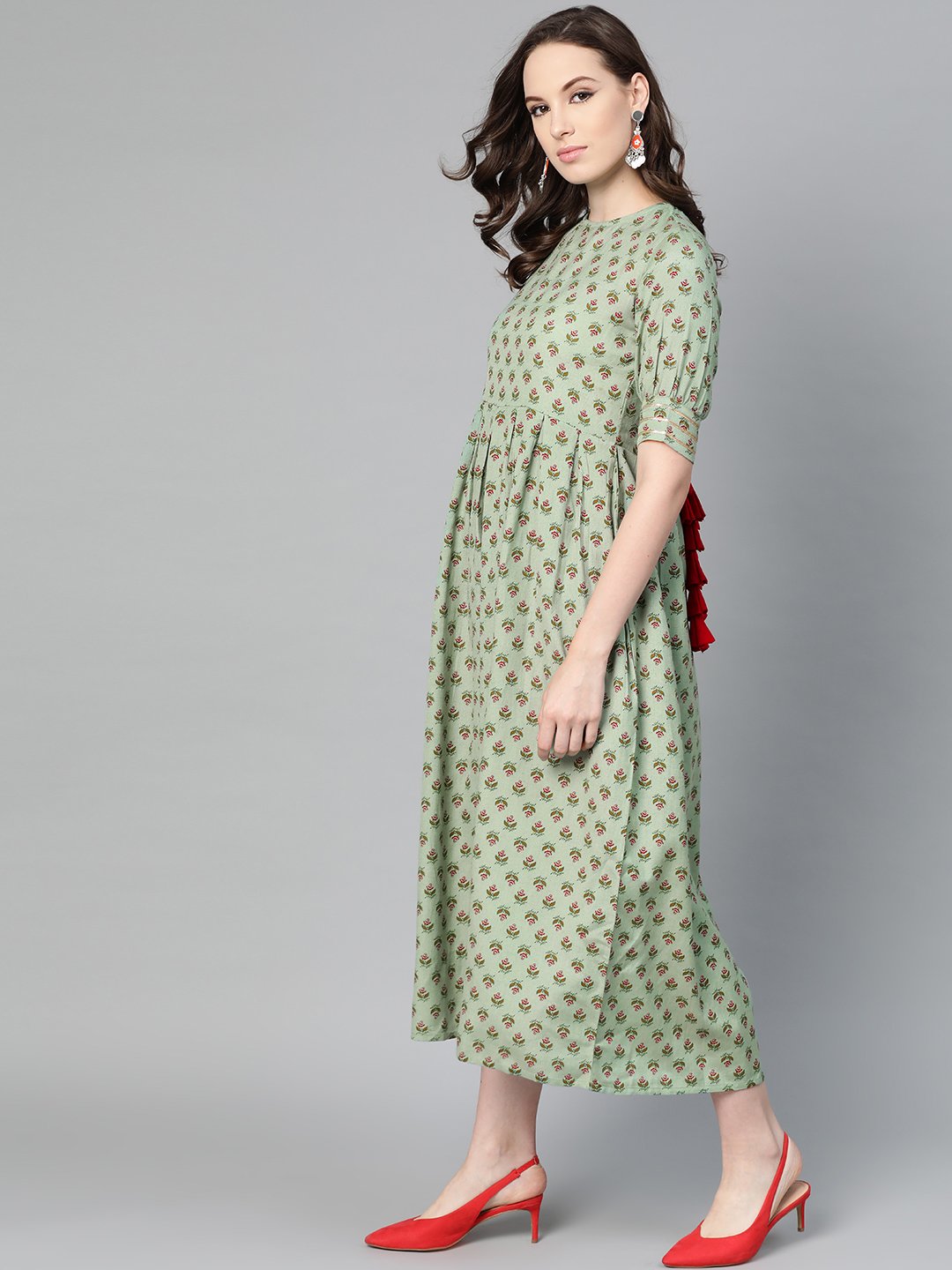 Green Floral printed Maxi dress with Round Neck & gota detailing on sleeves | NOZ2TOZ - Made In INDIA.