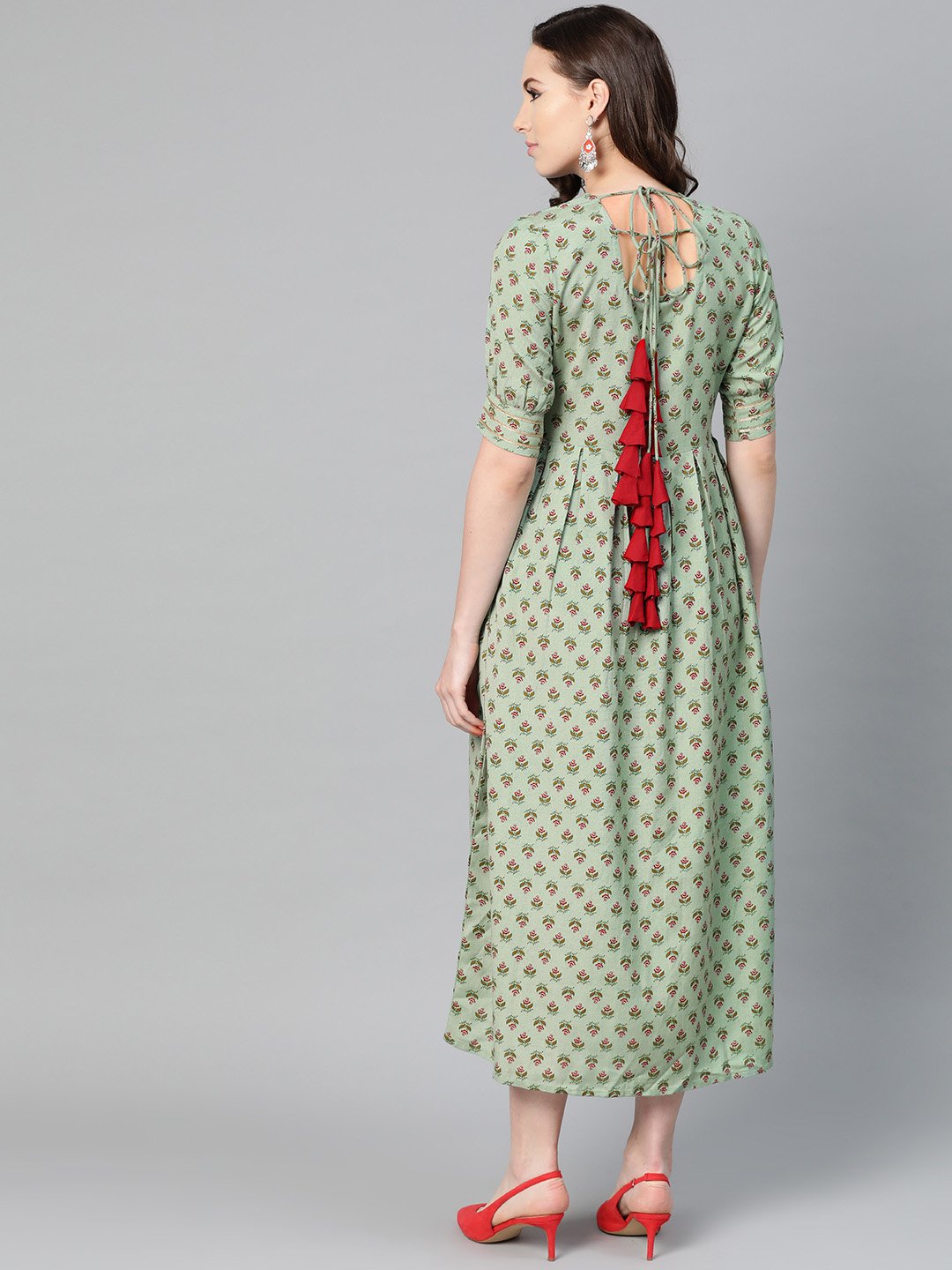 Green Floral printed Maxi dress with Round Neck & gota detailing on sleeves | NOZ2TOZ - Made In INDIA.