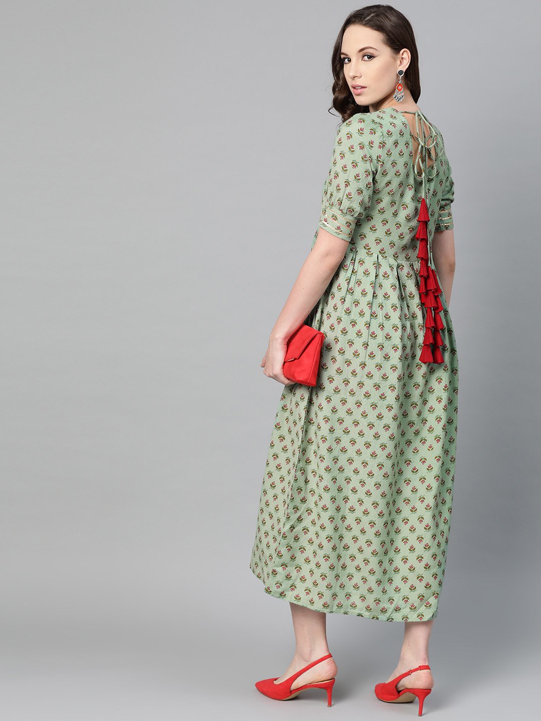 Green Floral printed Maxi dress with Round Neck & gota detailing on sleeves | NOZ2TOZ - Made In INDIA.