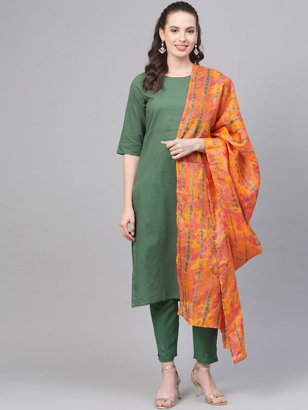 Solid Green Straight Kurta set with Pants & Multi colored Dupatta | NOZ2TOZ - Made In INDIA.