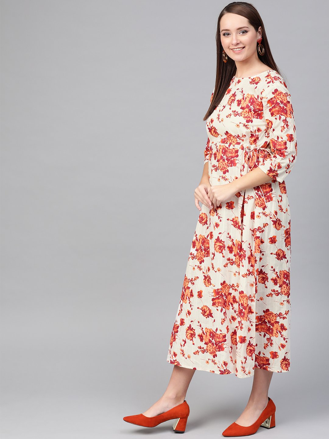 Women Off White & Orange Floral Printed Maxi Dress | NOZ2TOZ - Made In INDIA.