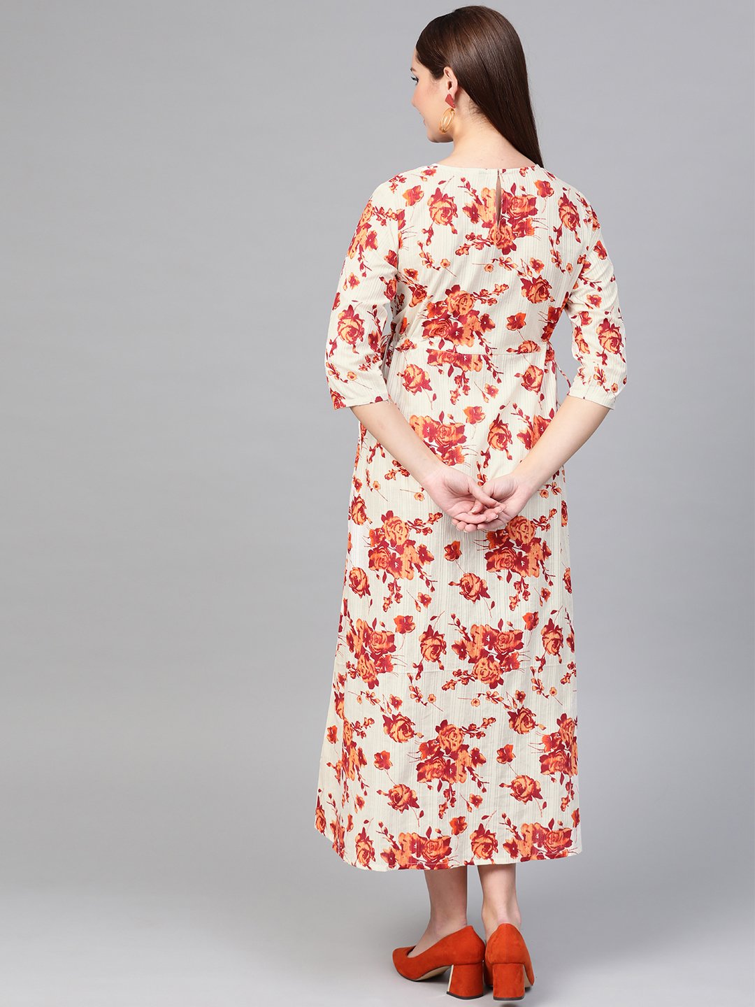 Women Off White & Orange Floral Printed Maxi Dress | NOZ2TOZ - Made In INDIA.