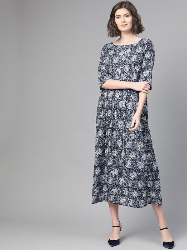 Women Navy Blue & Cream Floral Printed Maxi Dress | NOZ2TOZ - Made In INDIA.