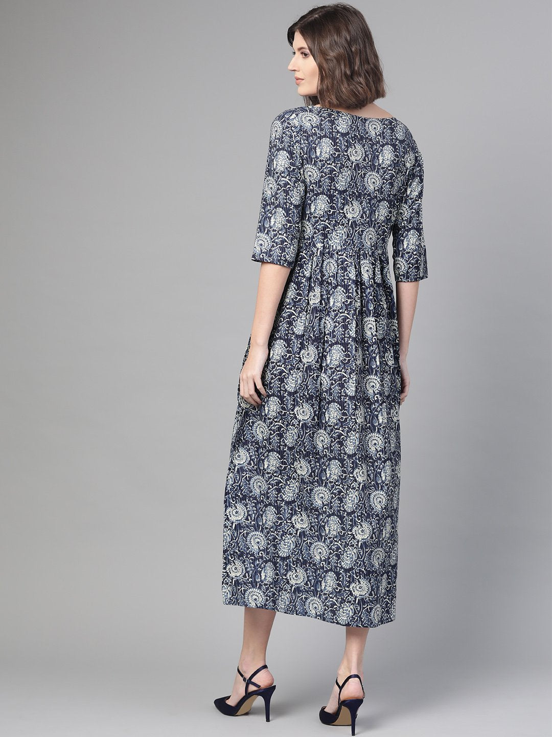 Women Navy Blue & Cream Floral Printed Maxi Dress | NOZ2TOZ - Made In INDIA.