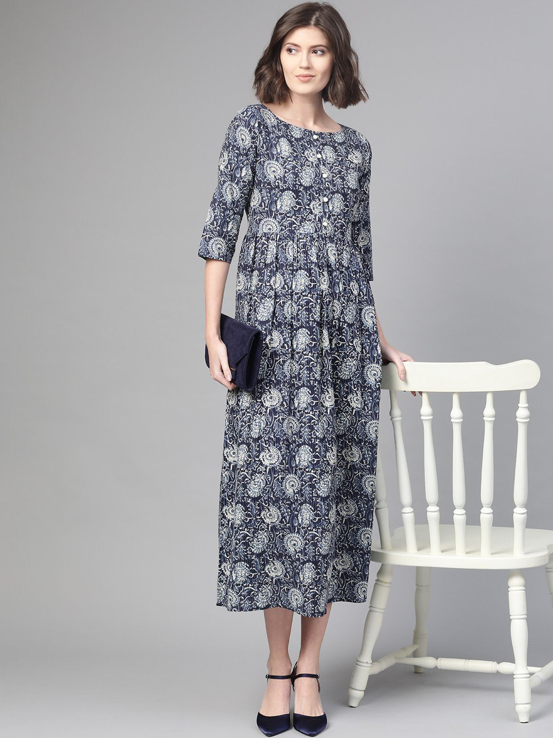 Women Navy Blue & Cream Floral Printed Maxi Dress | NOZ2TOZ - Made In INDIA.