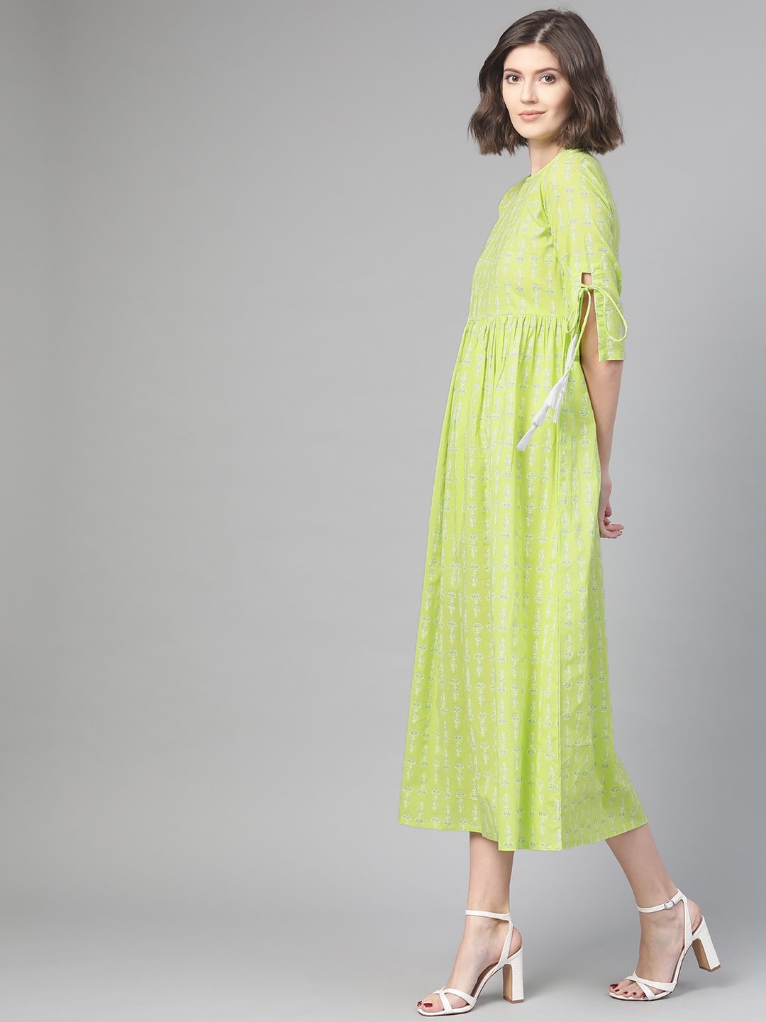 Women Lime Green & White Ethnic Motifs Printed Maxi Dress | NOZ2TOZ - Made In INDIA.