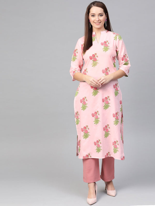 Women Pink & Green Cotton Straight Floral Printed Kurta | NOZ2TOZ - Made In INDIA.