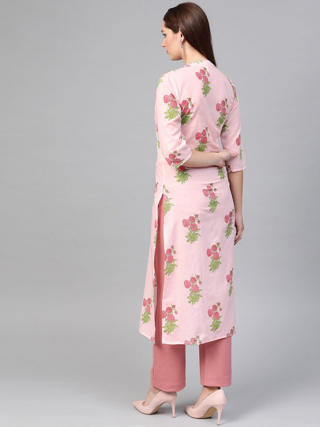 Women Pink & Green Cotton Straight Floral Printed Kurta | NOZ2TOZ - Made In INDIA.