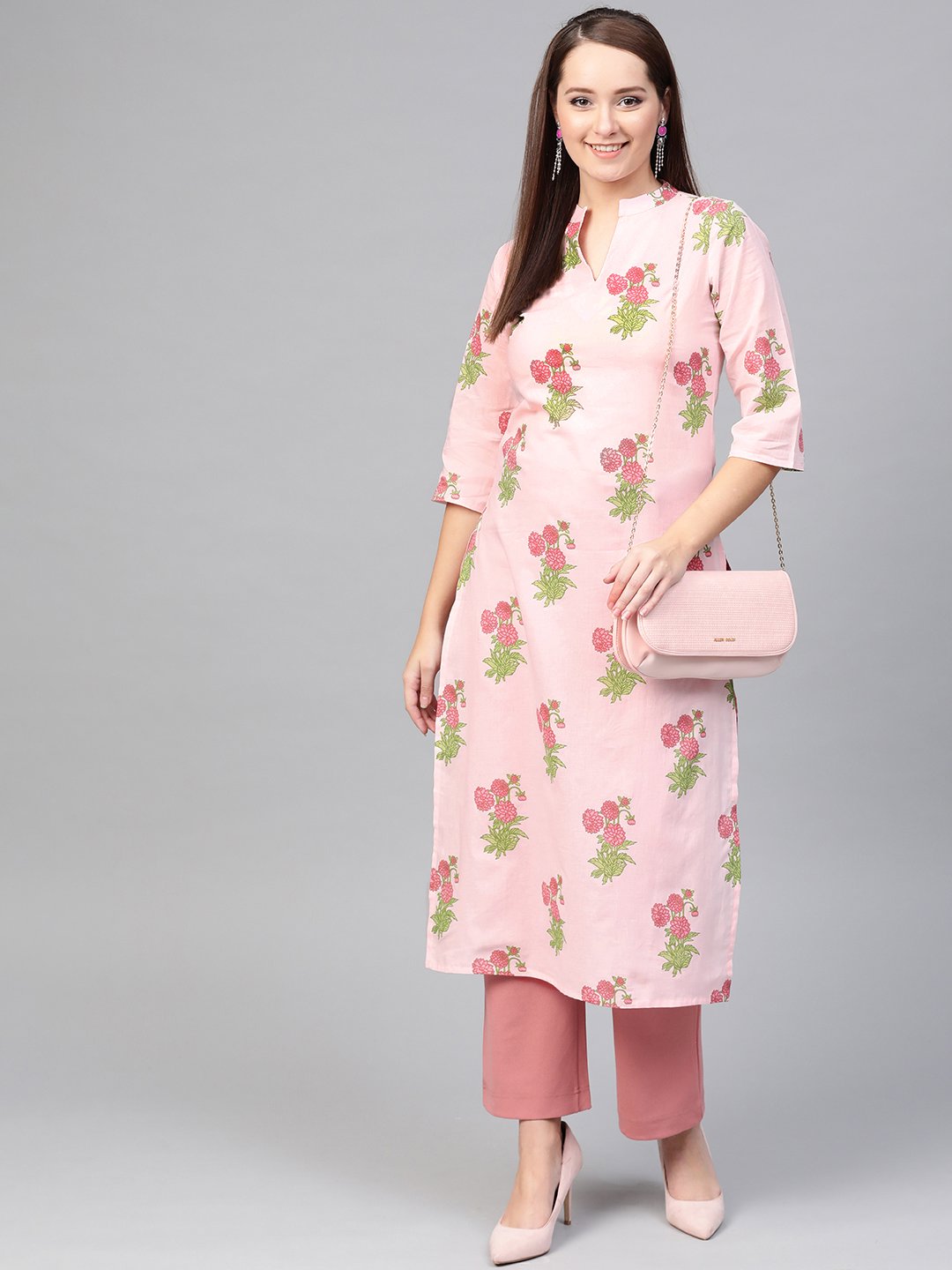 Women Pink & Green Cotton Straight Floral Printed Kurta | NOZ2TOZ - Made In INDIA.