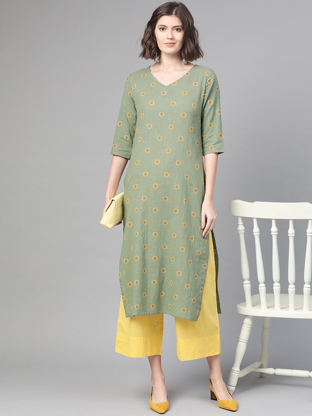 Women Green & Yellow Cotton Straight Floral Printed Kurta | NOZ2TOZ - Made In INDIA.