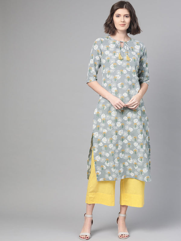 Women Grey & Yellow Cotton Straight Floral Printed Kurta | NOZ2TOZ - Made In INDIA.