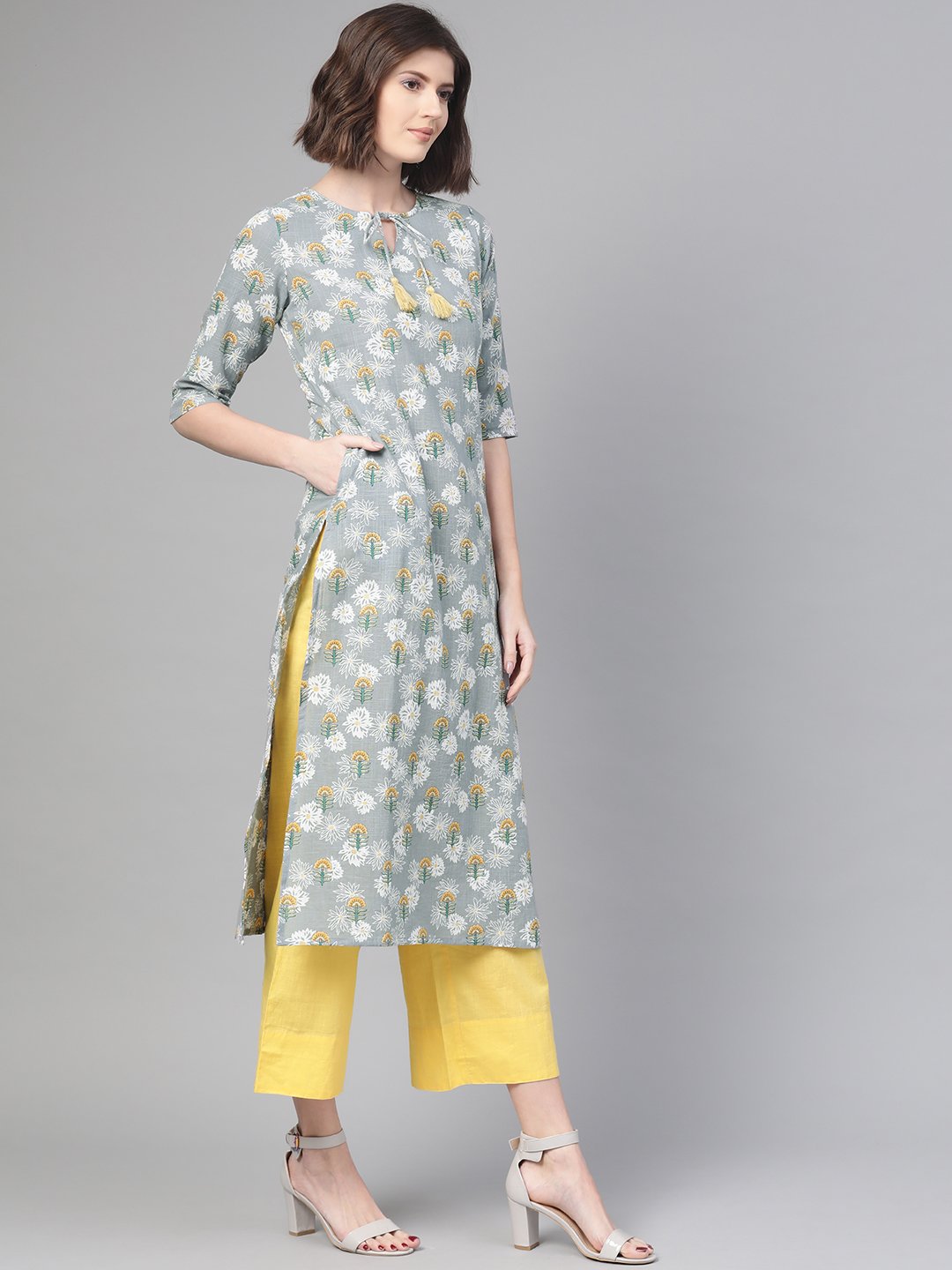 Women Grey & Yellow Cotton Straight Floral Printed Kurta | NOZ2TOZ - Made In INDIA.