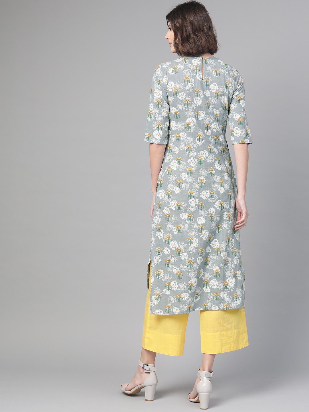 Women Grey & Yellow Cotton Straight Floral Printed Kurta | NOZ2TOZ - Made In INDIA.