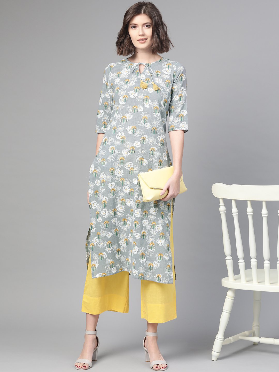 Women Grey & Yellow Cotton Straight Floral Printed Kurta | NOZ2TOZ - Made In INDIA.