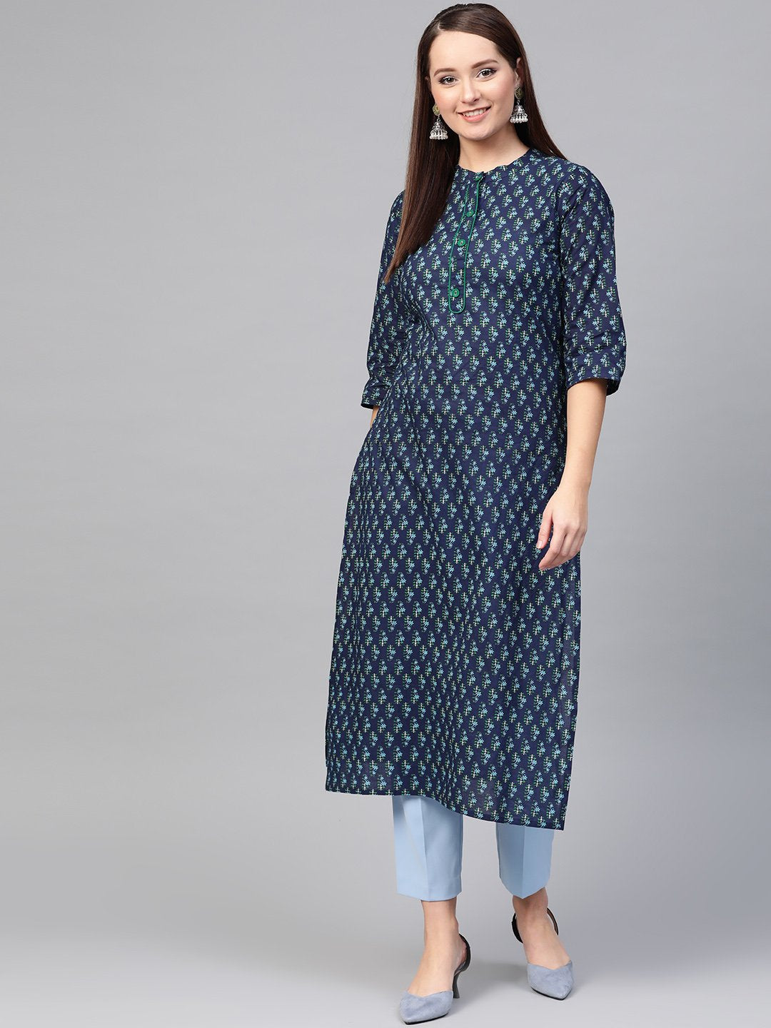 Women Navy Blue & Blue Cotton Straight Ethnic Motifs Printed Kurta | NOZ2TOZ - Made In INDIA.