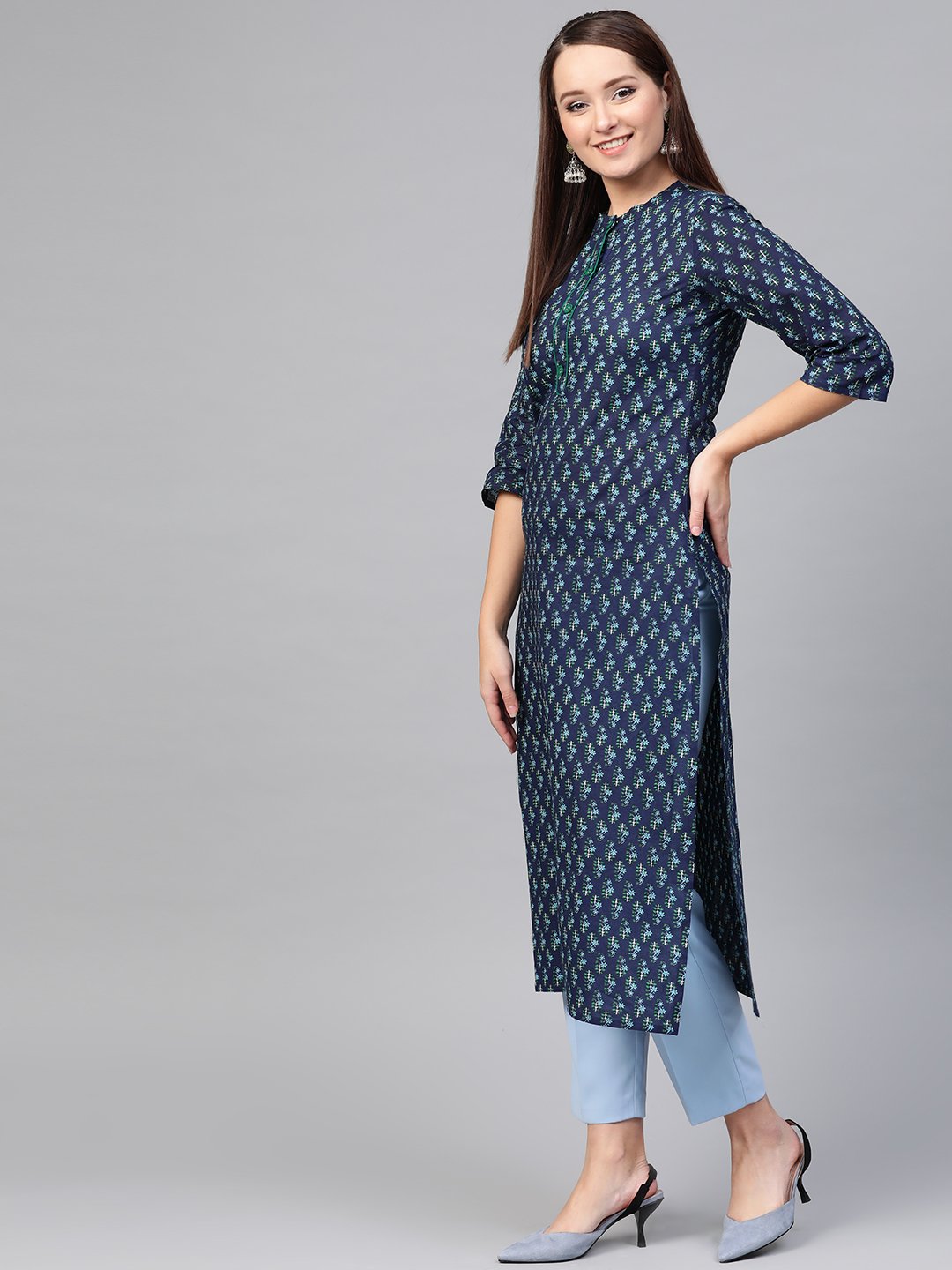 Women Navy Blue & Blue Cotton Straight Ethnic Motifs Printed Kurta | NOZ2TOZ - Made In INDIA.