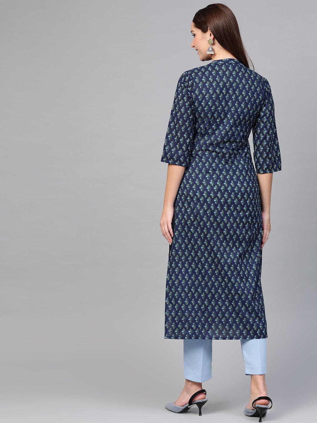 Women Navy Blue & Blue Cotton Straight Ethnic Motifs Printed Kurta | NOZ2TOZ - Made In INDIA.