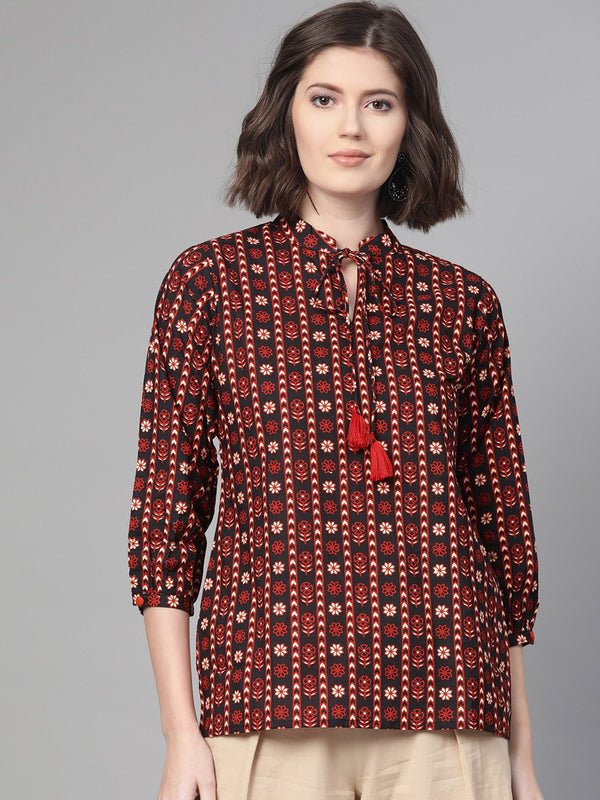 Women Black & Rust Regular Printed Top | NOZ2TOZ - Made In INDIA.