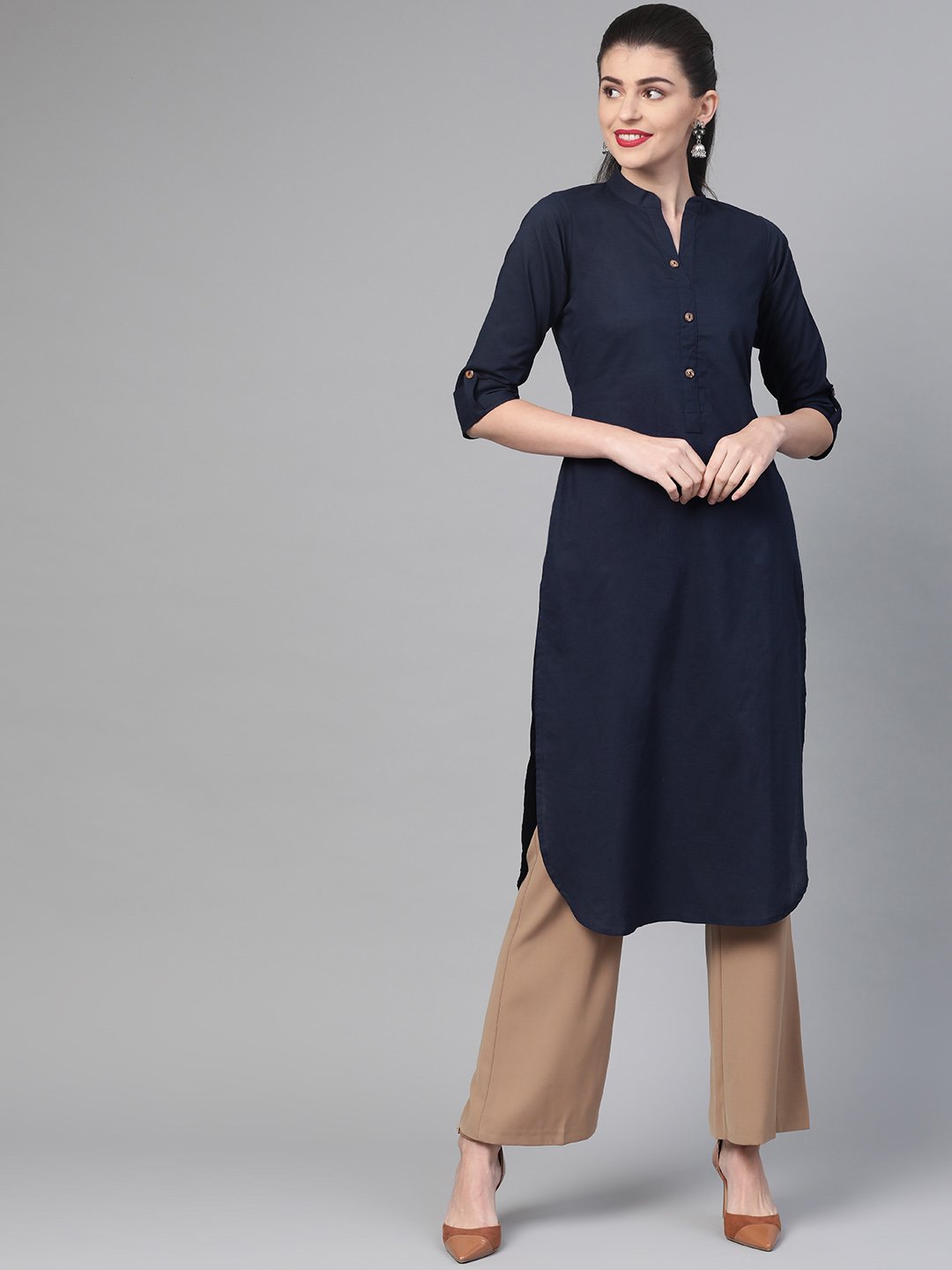 Women Navy Blue &  Cotton Straight Solid Solid Kurta | NOZ2TOZ - Made In INDIA.