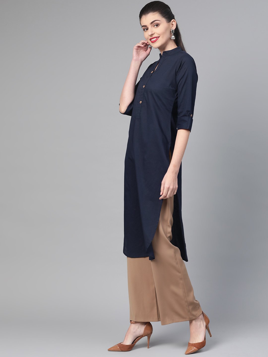 Women Navy Blue &  Cotton Straight Solid Solid Kurta | NOZ2TOZ - Made In INDIA.