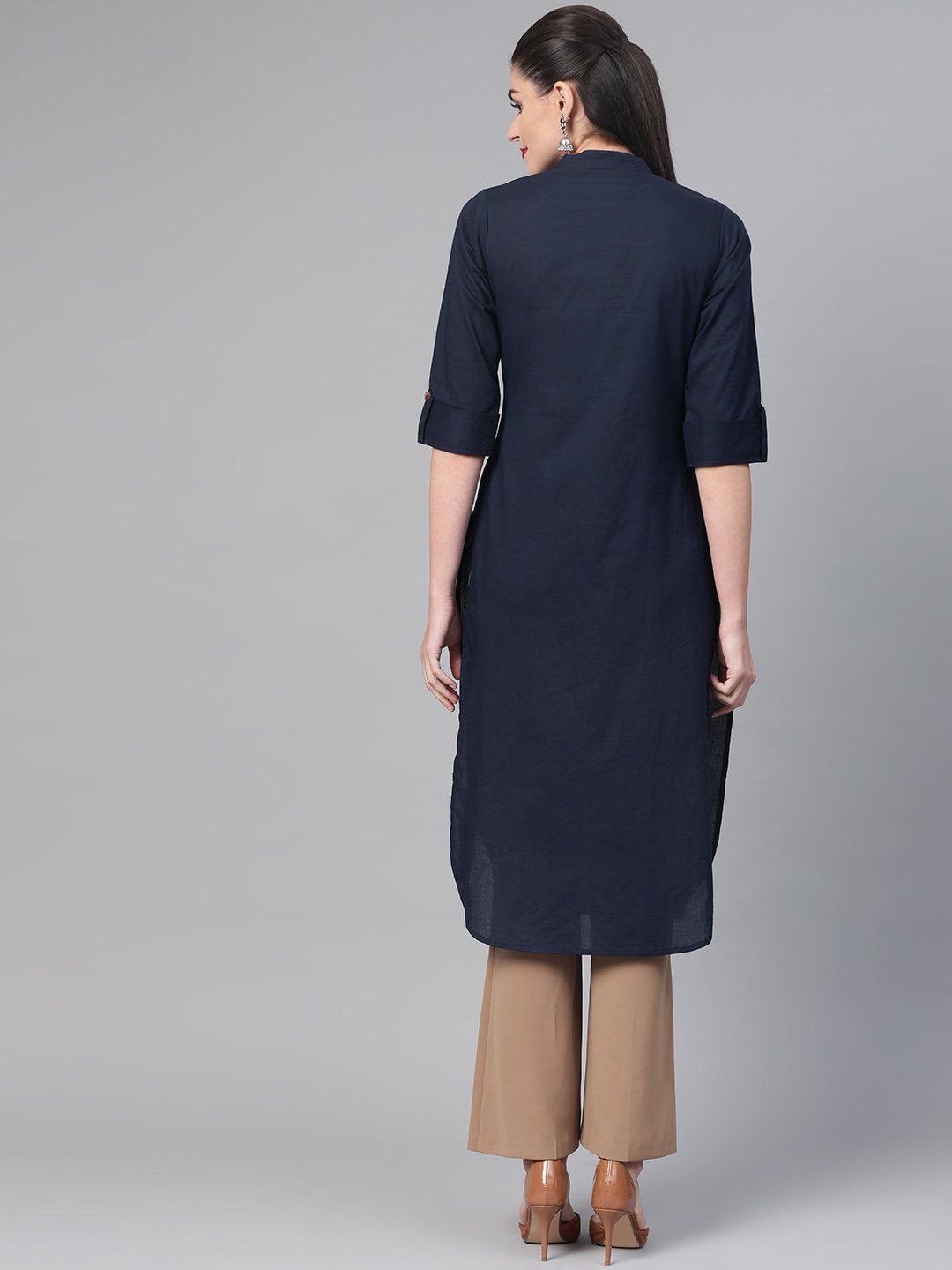 Women Navy Blue &  Cotton Straight Solid Solid Kurta | NOZ2TOZ - Made In INDIA.