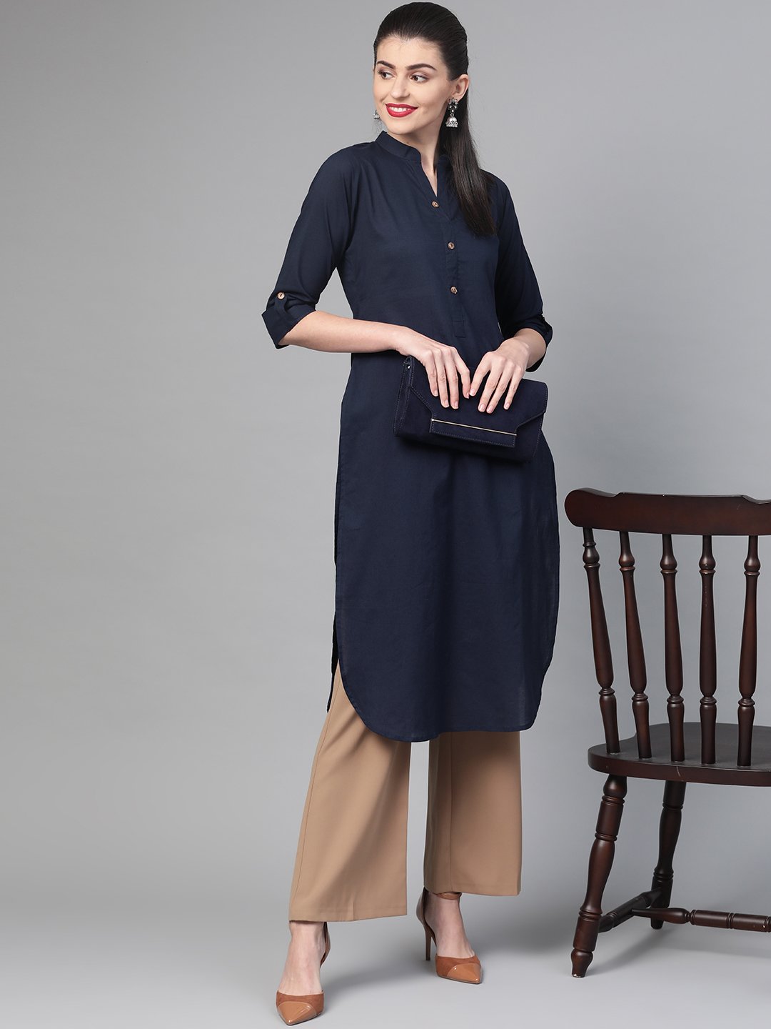 Women Navy Blue &  Cotton Straight Solid Solid Kurta | NOZ2TOZ - Made In INDIA.