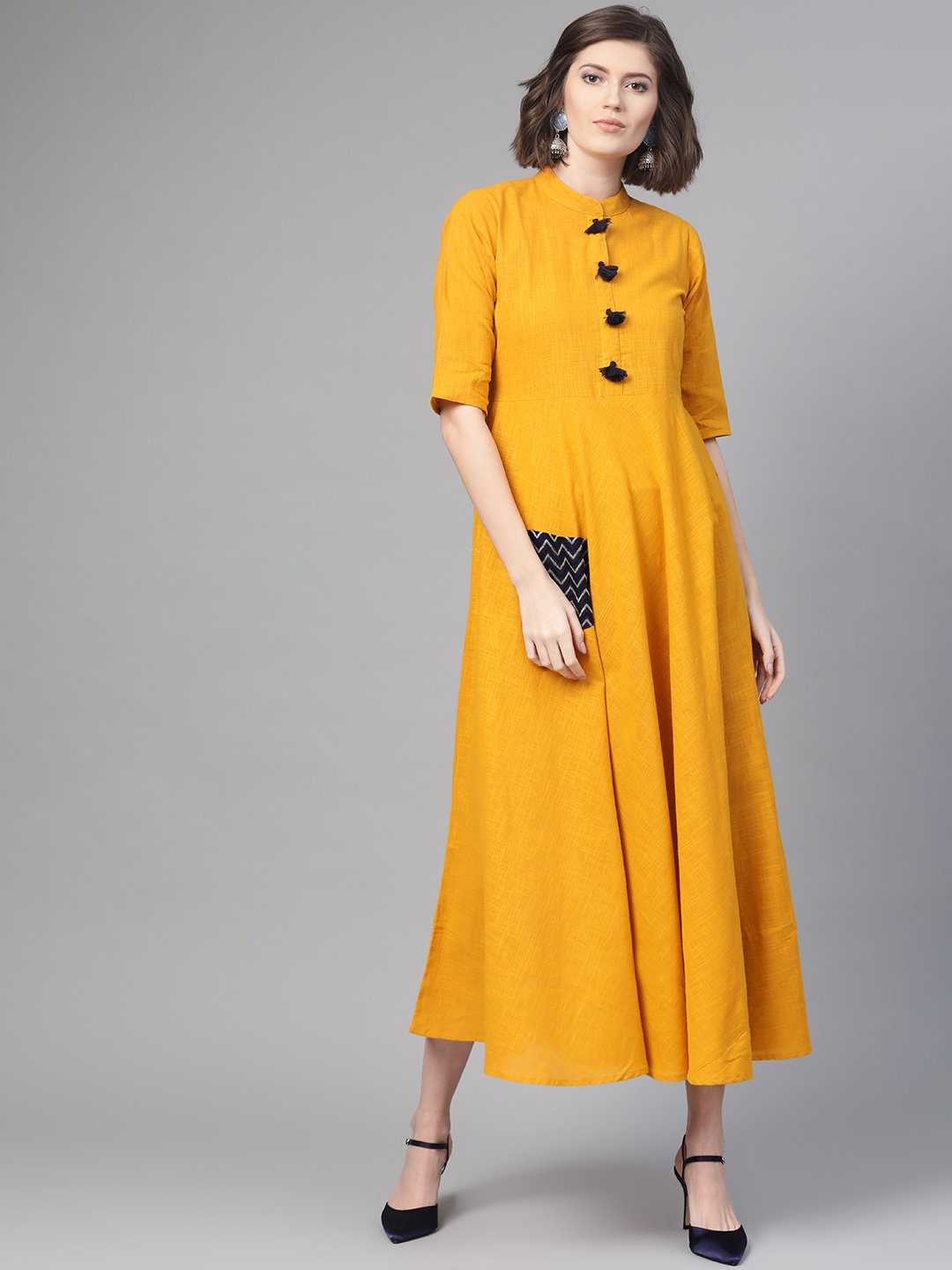 Women Mustard & Black Solid Fit and Flare Dress | NOZ2TOZ - Made In INDIA.