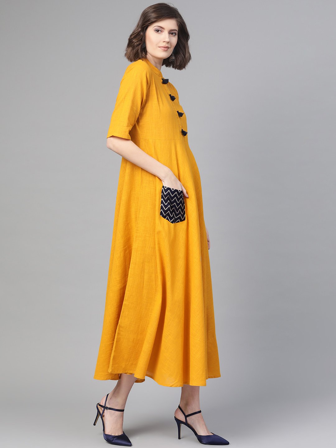 Women Mustard & Black Solid Fit and Flare Dress | NOZ2TOZ - Made In INDIA.