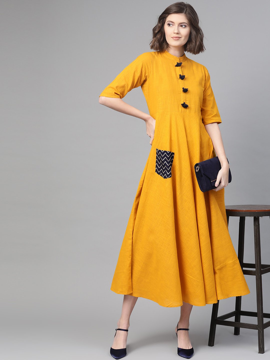 Women Mustard & Black Solid Fit and Flare Dress | NOZ2TOZ - Made In INDIA.