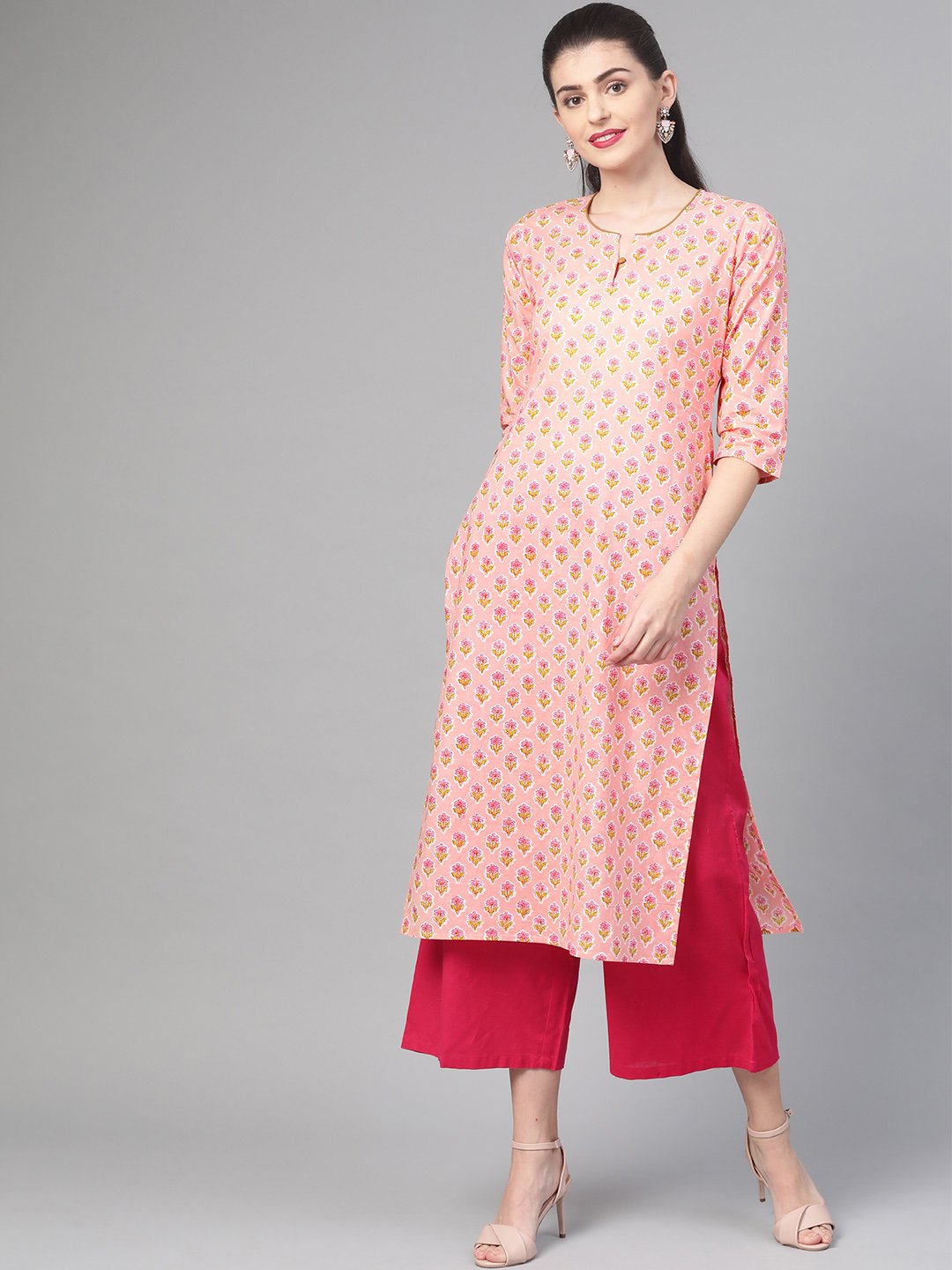 Women Peach & Yellow Cotton Straight Floral Printed Kurta | NOZ2TOZ - Made In INDIA.