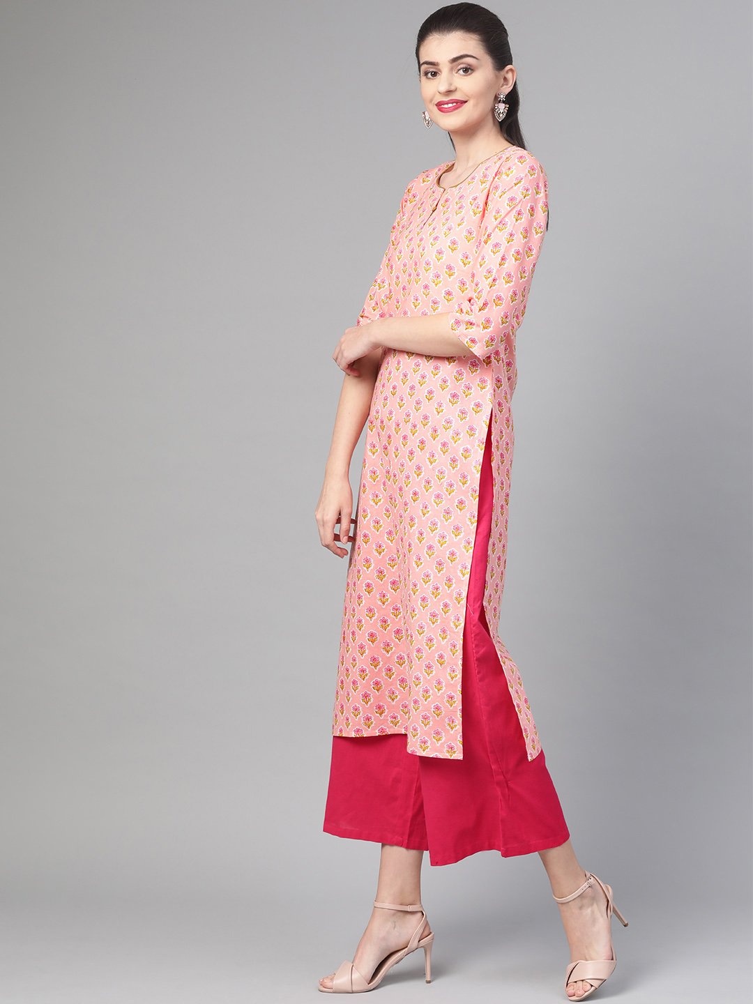 Women Peach & Yellow Cotton Straight Floral Printed Kurta | NOZ2TOZ - Made In INDIA.