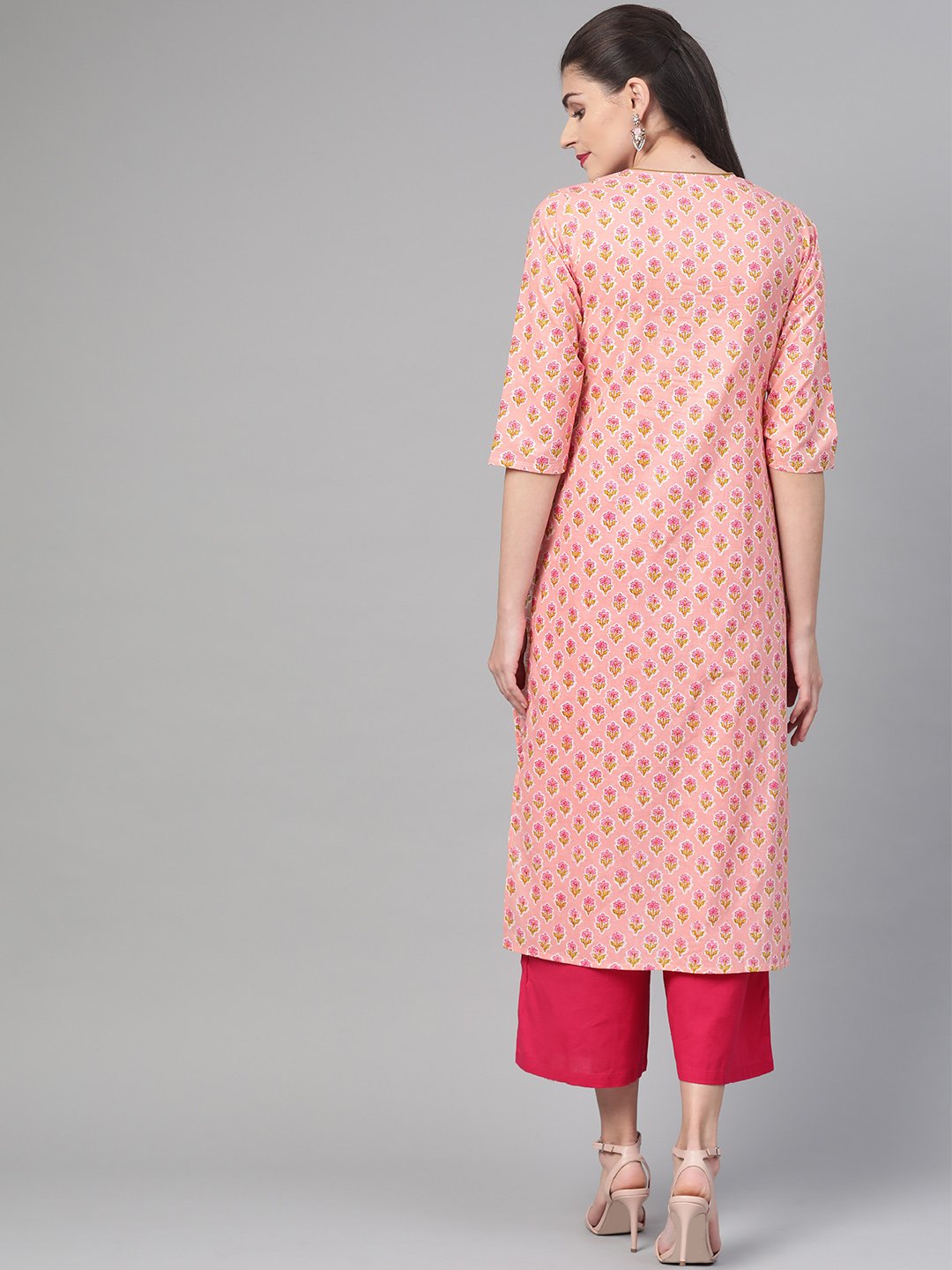 Women Peach & Yellow Cotton Straight Floral Printed Kurta | NOZ2TOZ - Made In INDIA.